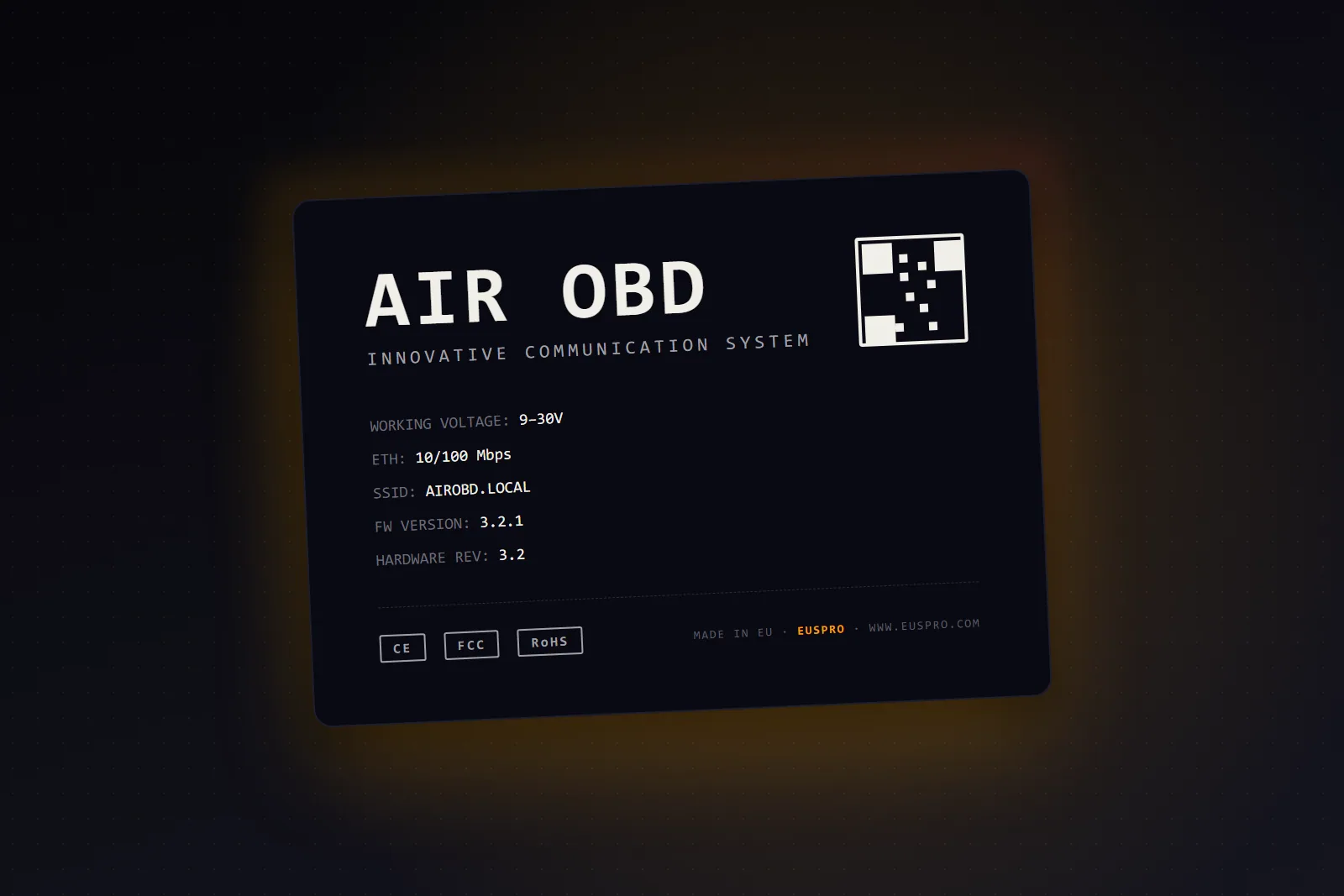 Close-up do hardware AIR OBD com etiqueta CE, QR code e certificação europeia, fabricado pela EUSPRO